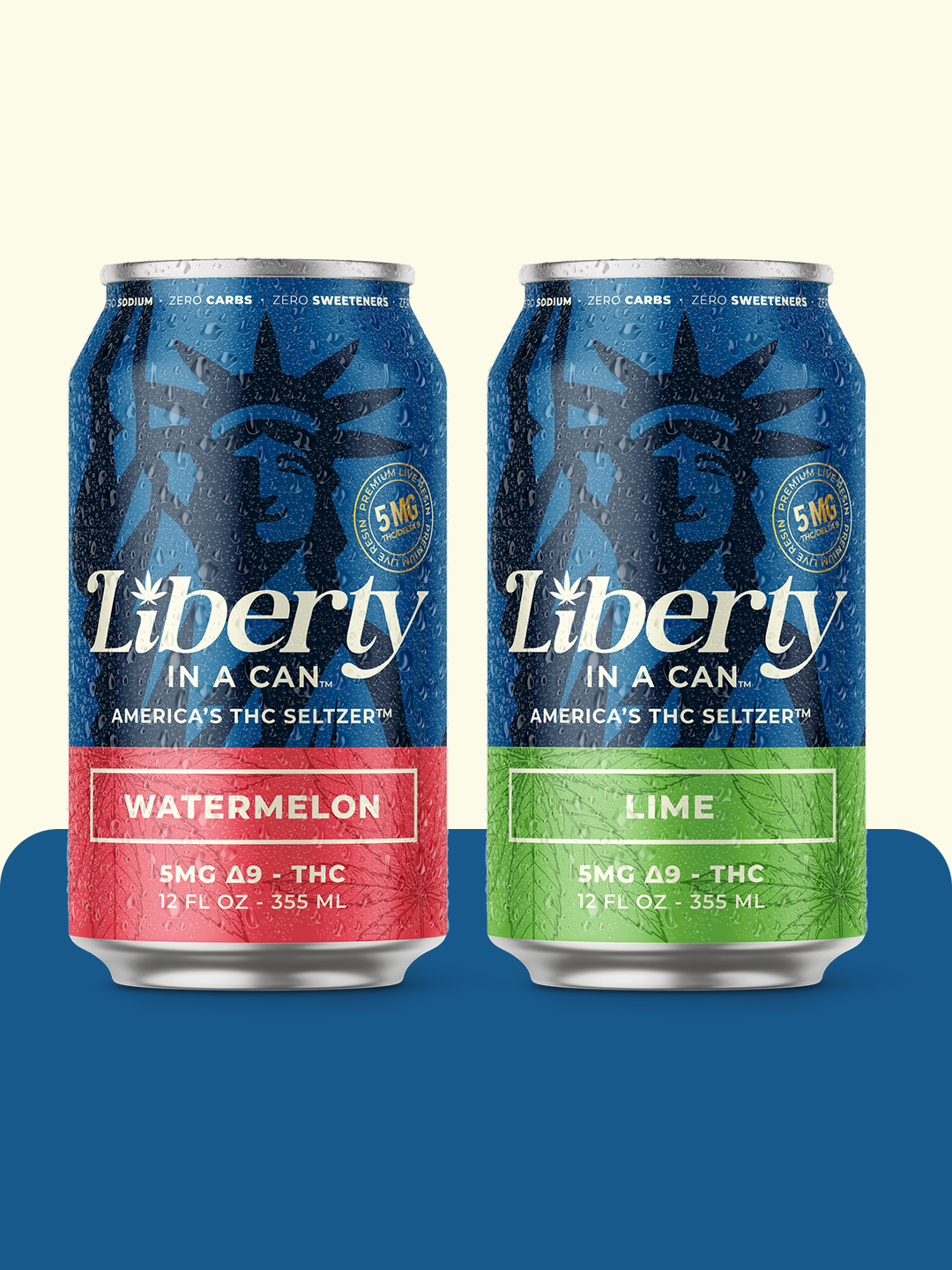 Two cans of Liberty in a Can THC seltzer, one watermelon and one lime, on a white background.
