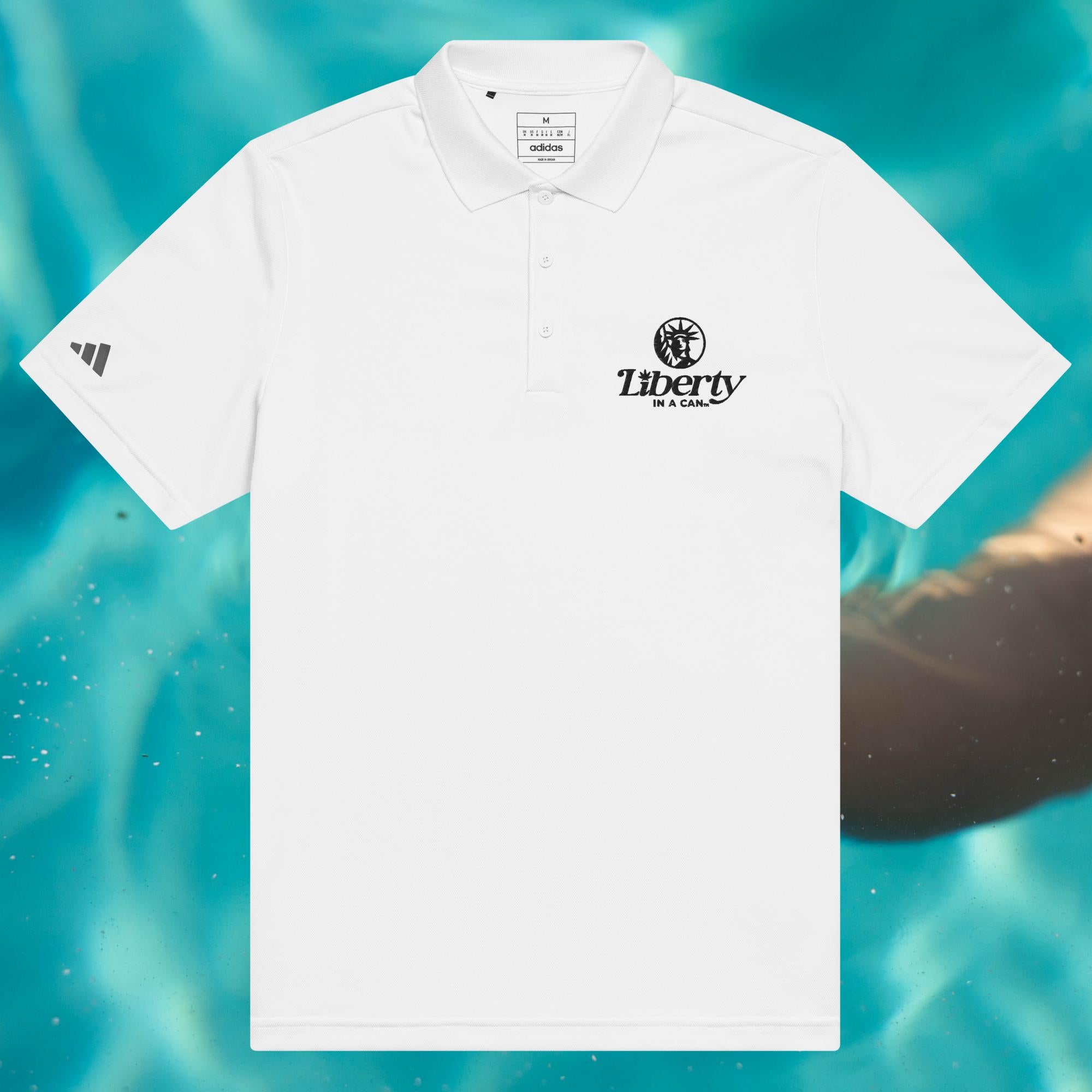 Liberty In a Can™ golf polo white front view